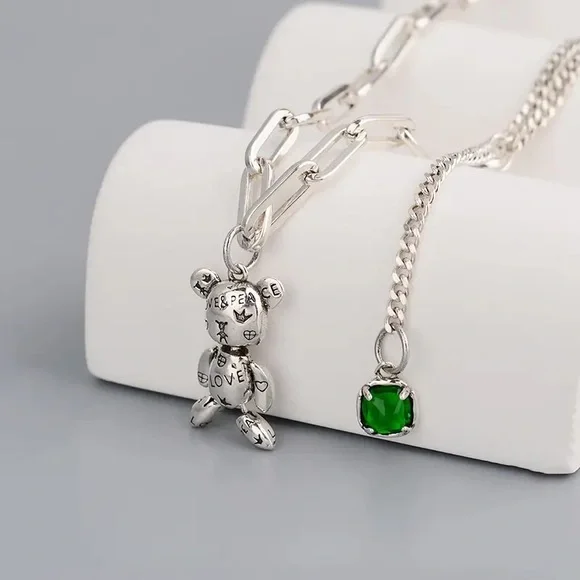 New - Anthropologie Patina Silver Cute Bear Love Peace Heart Necklace - Picture 3 of 15